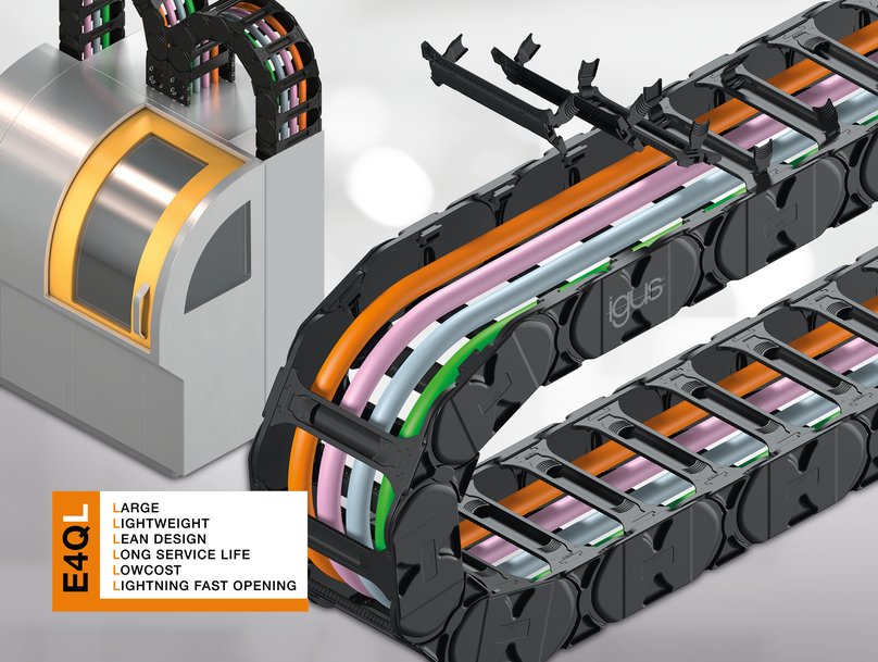 Stabilité élevée et faible poids avec la nouvelle chaîne porte-câbles low cost igus pour les applications en autoportance